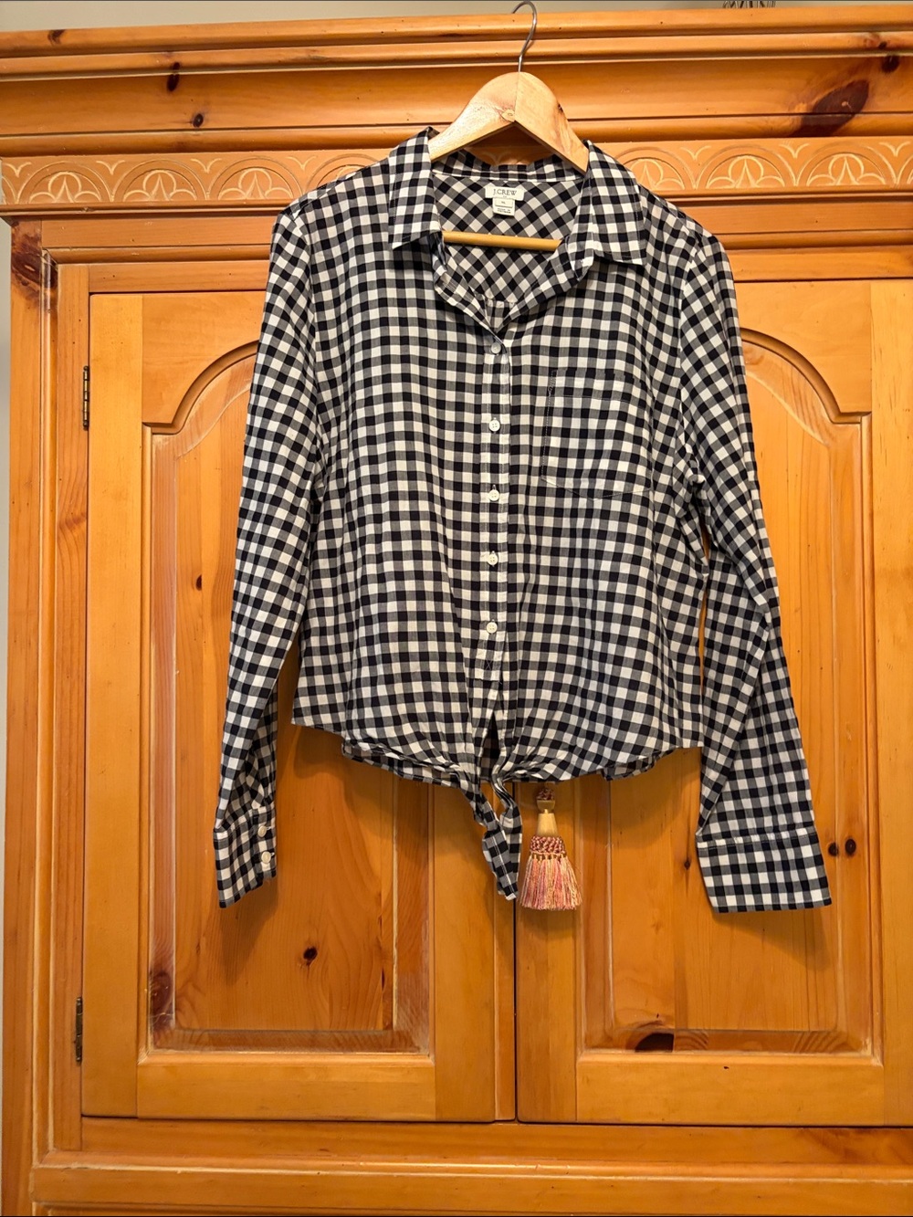 J. Crew Black and White Gingham Button-Front Tie Hem Shirt